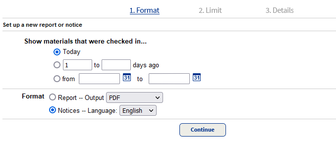 Checked in materials report, format